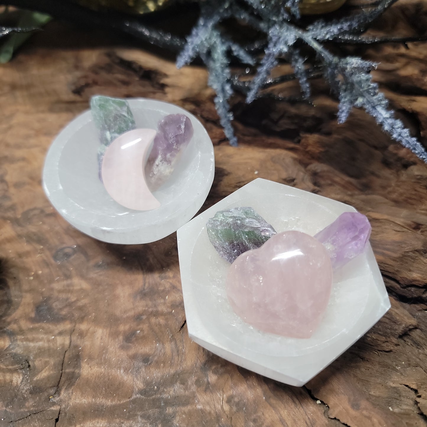 Selenite Self-Love Bowl Set β Rose Quartz, Amethyst & Fluorite