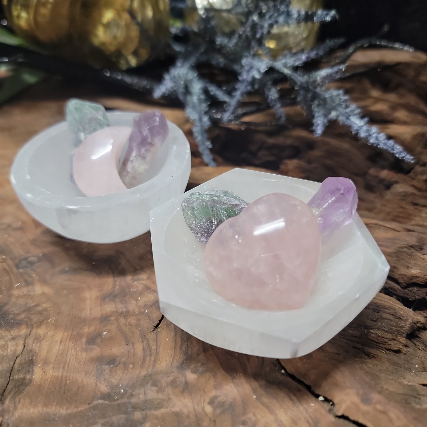 Selenite Self-Love Bowl Set β Rose Quartz, Amethyst & Fluorite