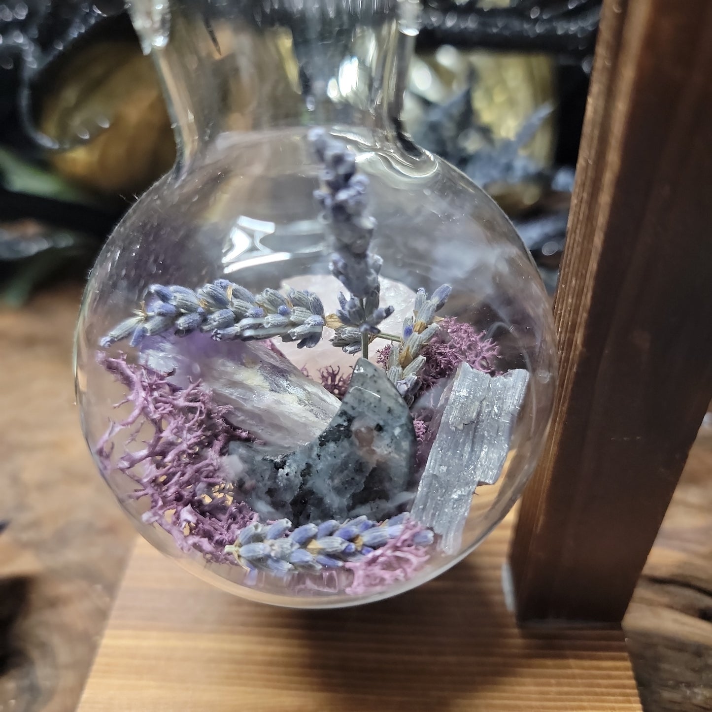 Sweet Dreams Glass Beaker Terrarium on Wooden Stand – Dream Magic & Sleep Ritual Decor