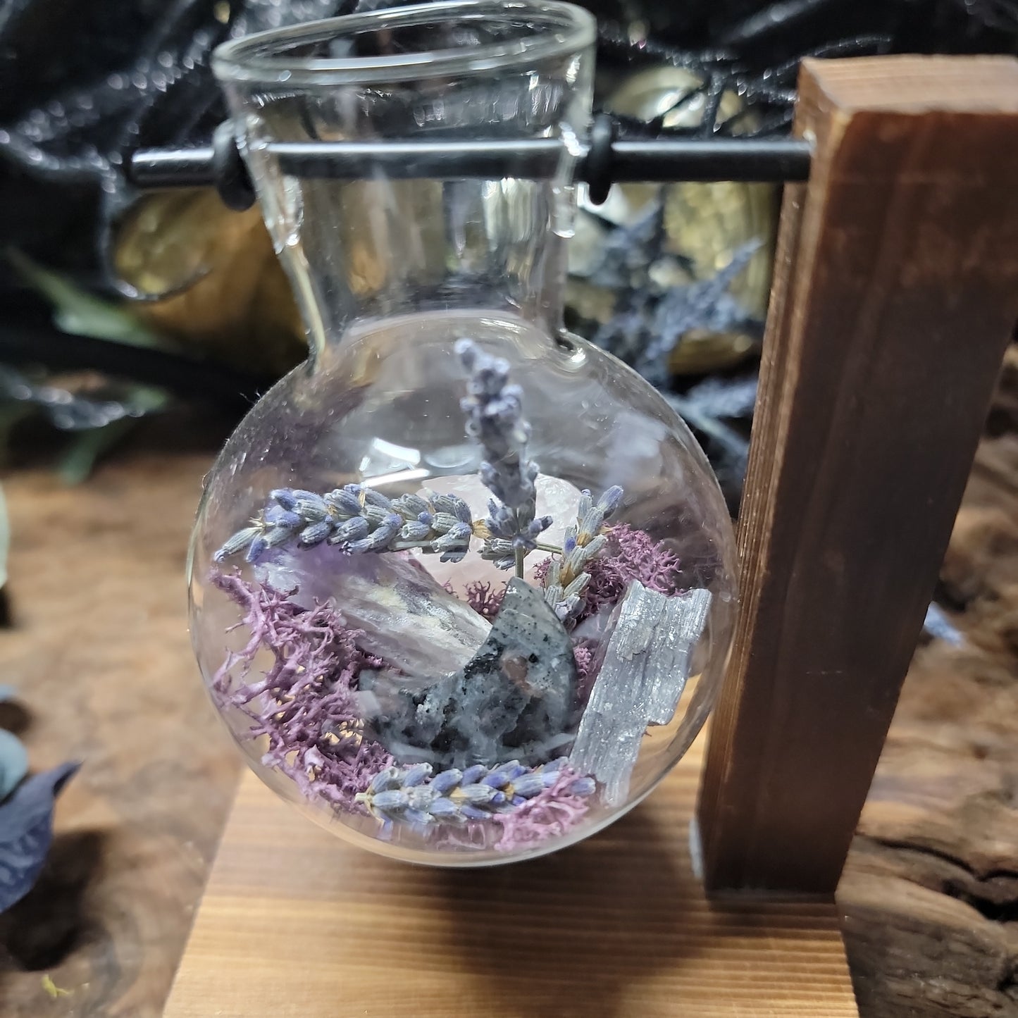 Sweet Dreams Glass Beaker Terrarium on Wooden Stand – Dream Magic & Sleep Ritual Decor