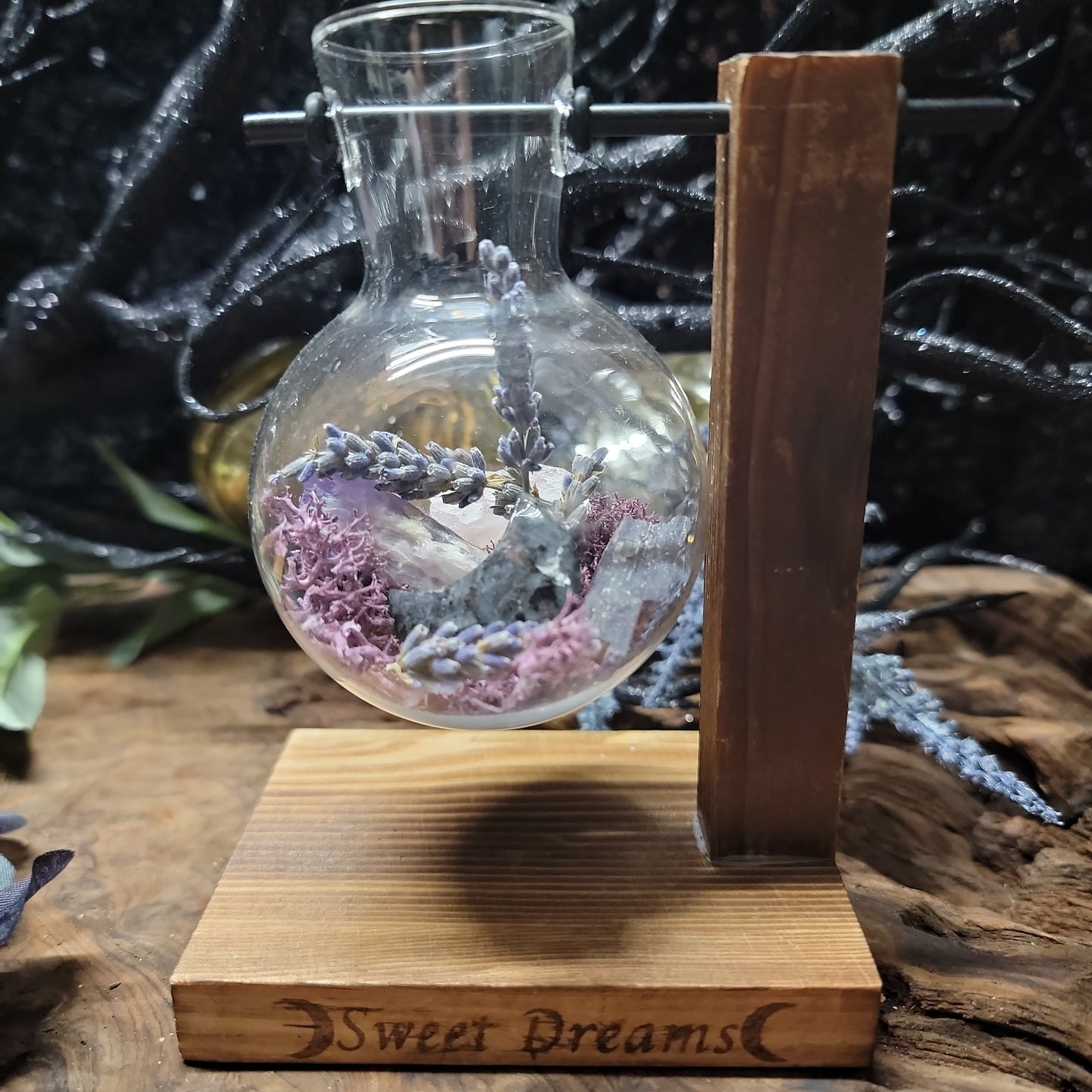 Sweet Dreams Glass Beaker Terrarium on Wooden Stand – Dream Magic & Sleep Ritual Decor