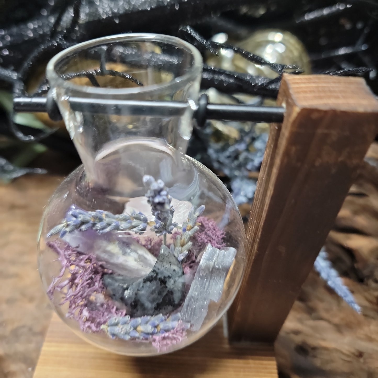 Sweet Dreams Glass Beaker Terrarium on Wooden Stand – Dream Magic & Sleep Ritual Decor