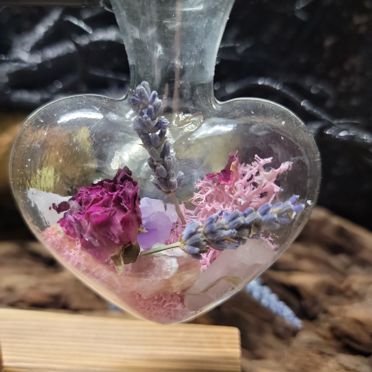 Glass Heart-Shaped Beaker Crystal Terrarium – Love Intention Decor on Wooden Stand