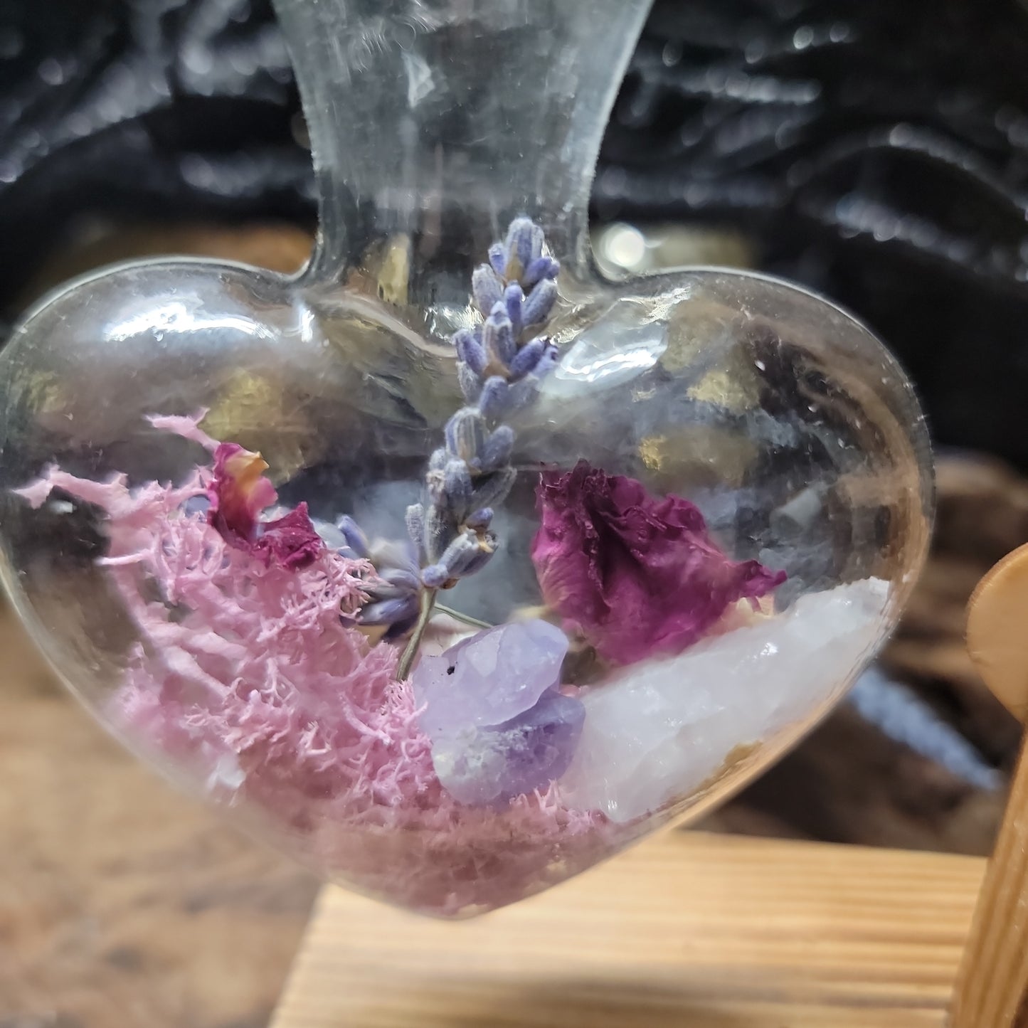 Glass Heart-Shaped Beaker Crystal Terrarium – Love Intention Decor on Wooden Stand