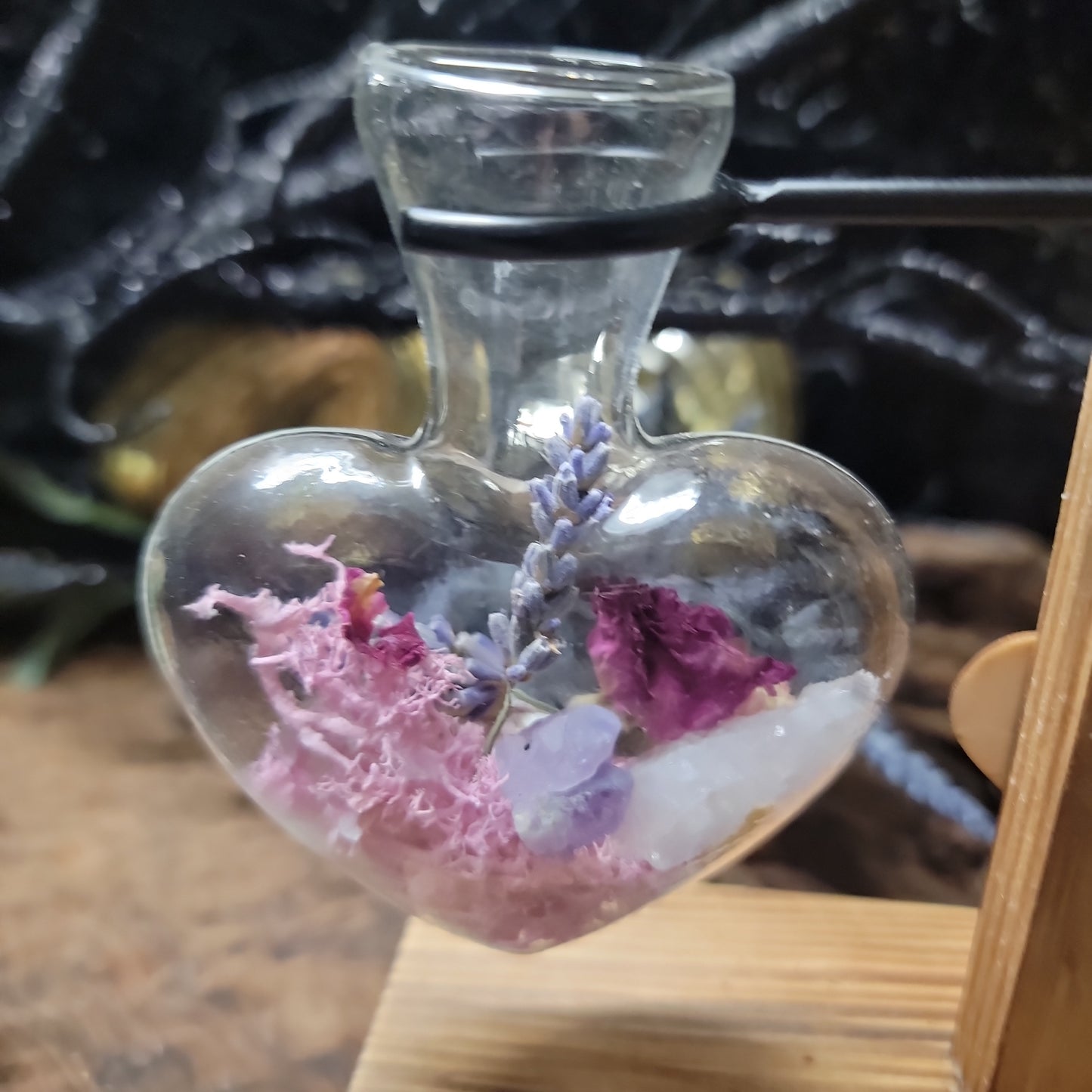 Glass Heart-Shaped Beaker Crystal Terrarium – Love Intention Decor on Wooden Stand