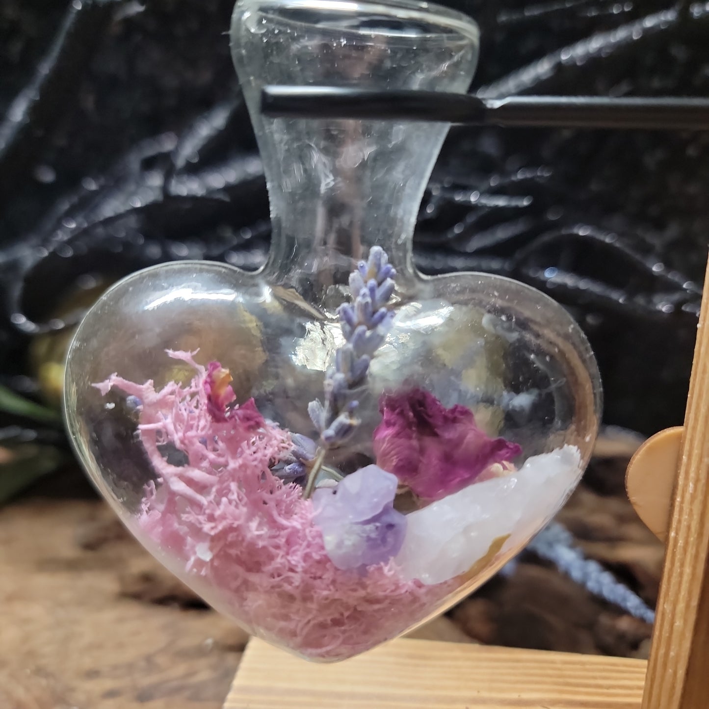 Glass Heart-Shaped Beaker Crystal Terrarium – Love Intention Decor on Wooden Stand