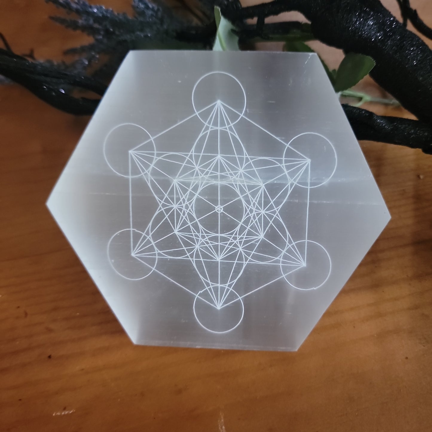Selenite Sacred Geometry Hexagon Crystal Grid-Energy Charging & Spiritual Alignment Plate