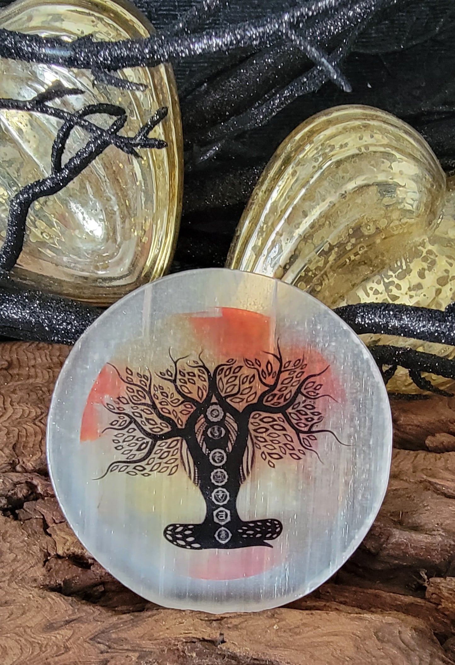 Selenite Chakra Tree of Life Plate -Crystal Charging & Energy Healing