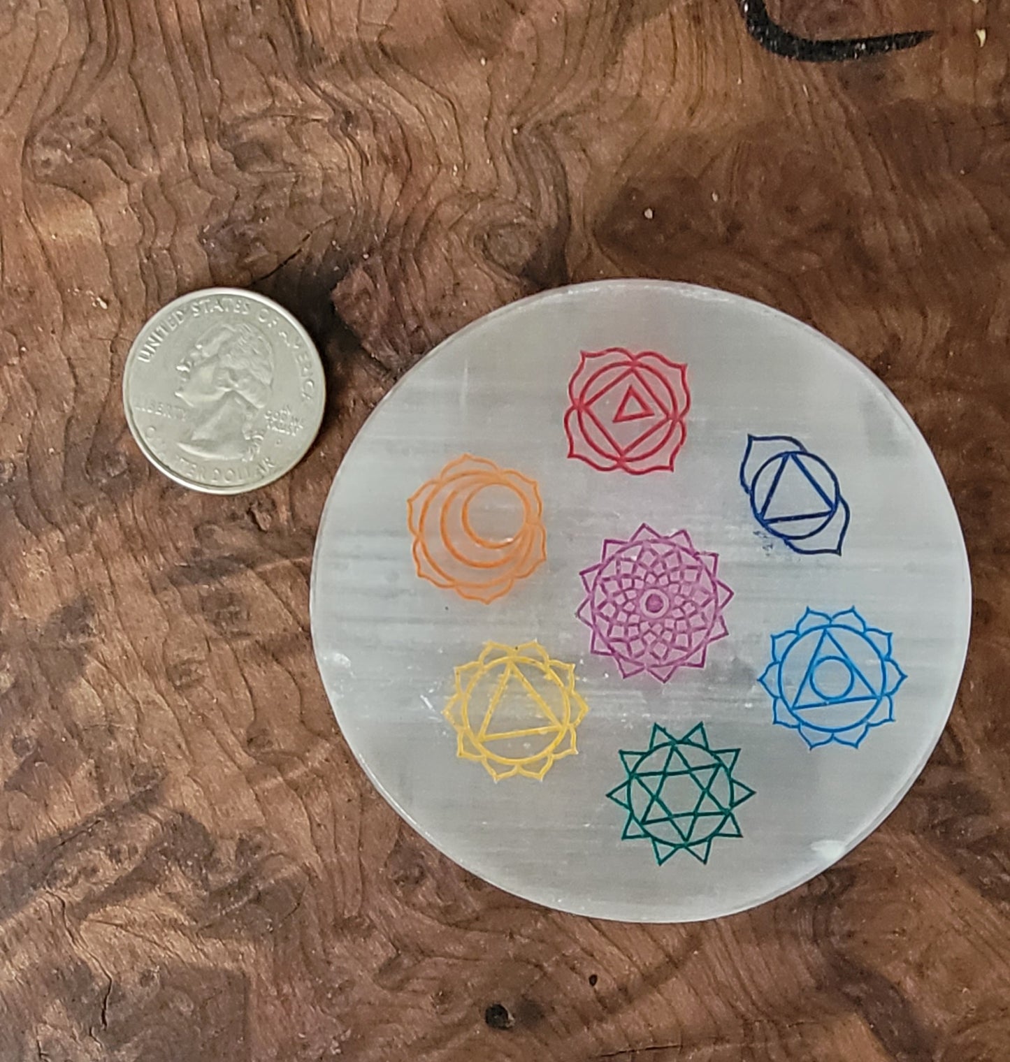 Selenite Colorful Chakra Plate – Crystal Charging & Energy Healing Disk