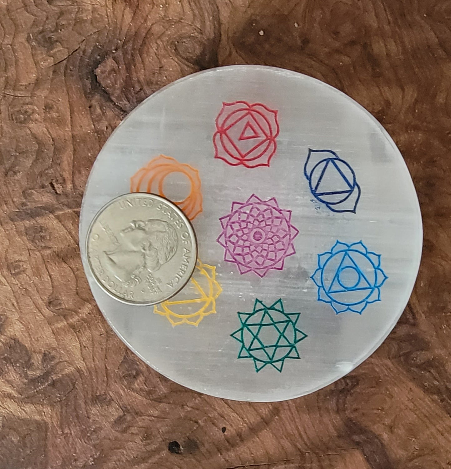 Selenite Colorful Chakra Plate – Crystal Charging & Energy Healing Disk