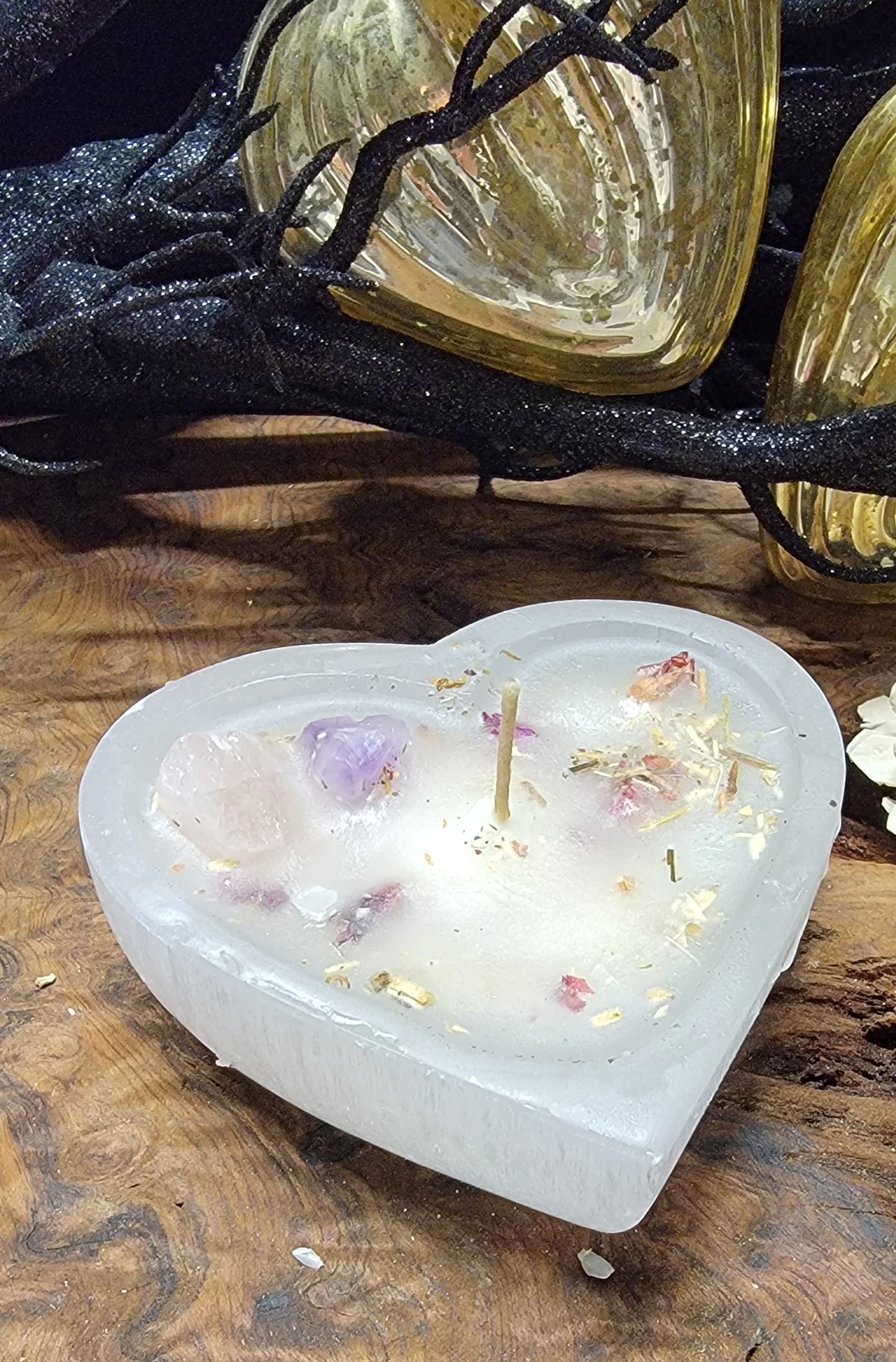 Selenite Heart Love Spell Candle – Crystal and Herb Infused for Attraction & Healing
