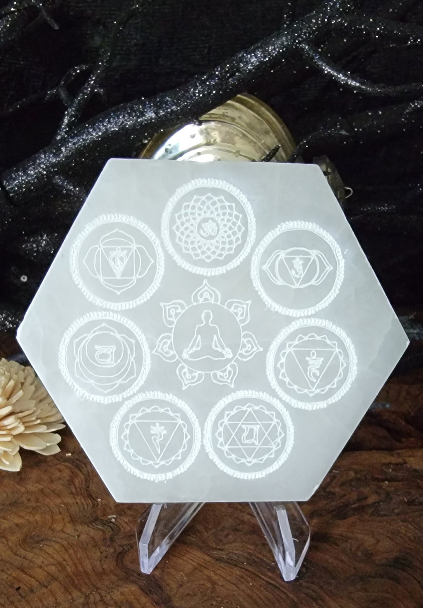 Selenite Chakra Hexagon Crystal Grid Plate - Energy Cleansing & Crystal Charging Disk