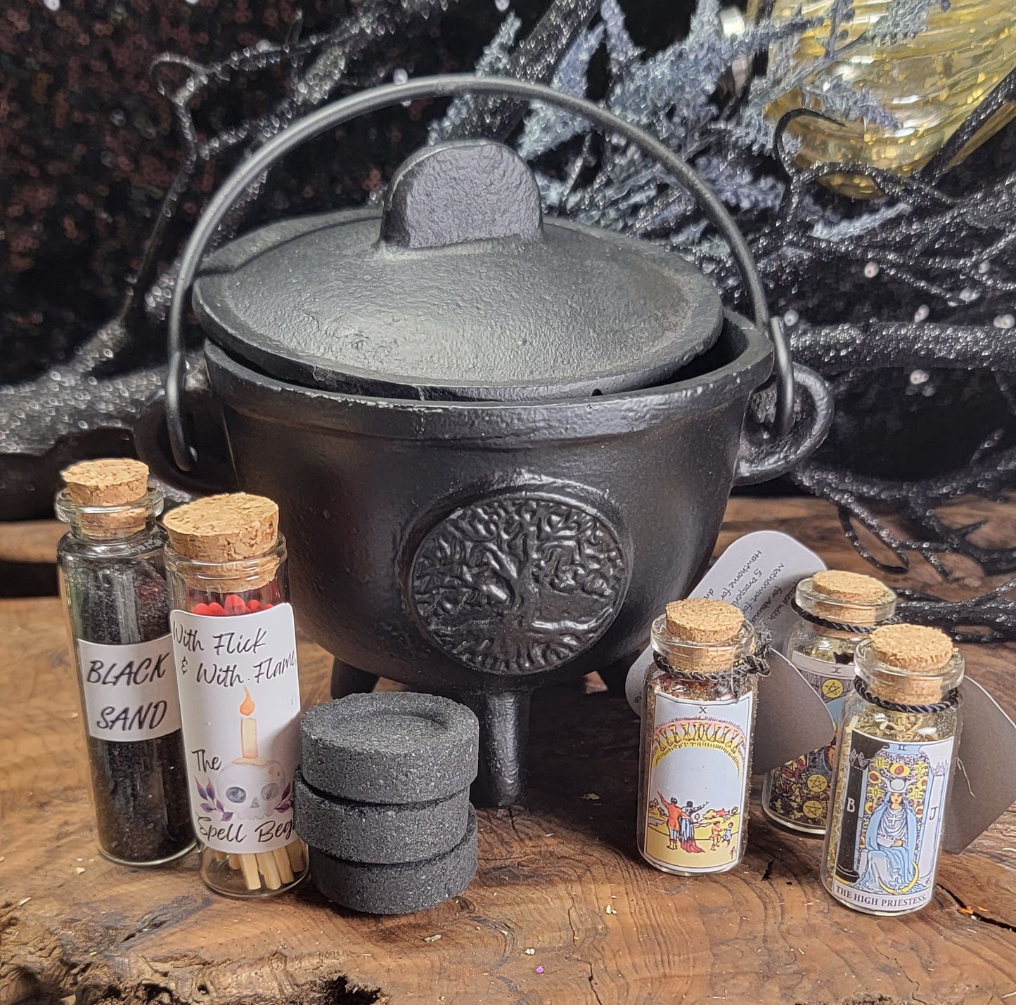 Starter Witch Cast Iron Cauldron kit - Beginner Spell kit Cast Iron with Crystals & Spell Tools