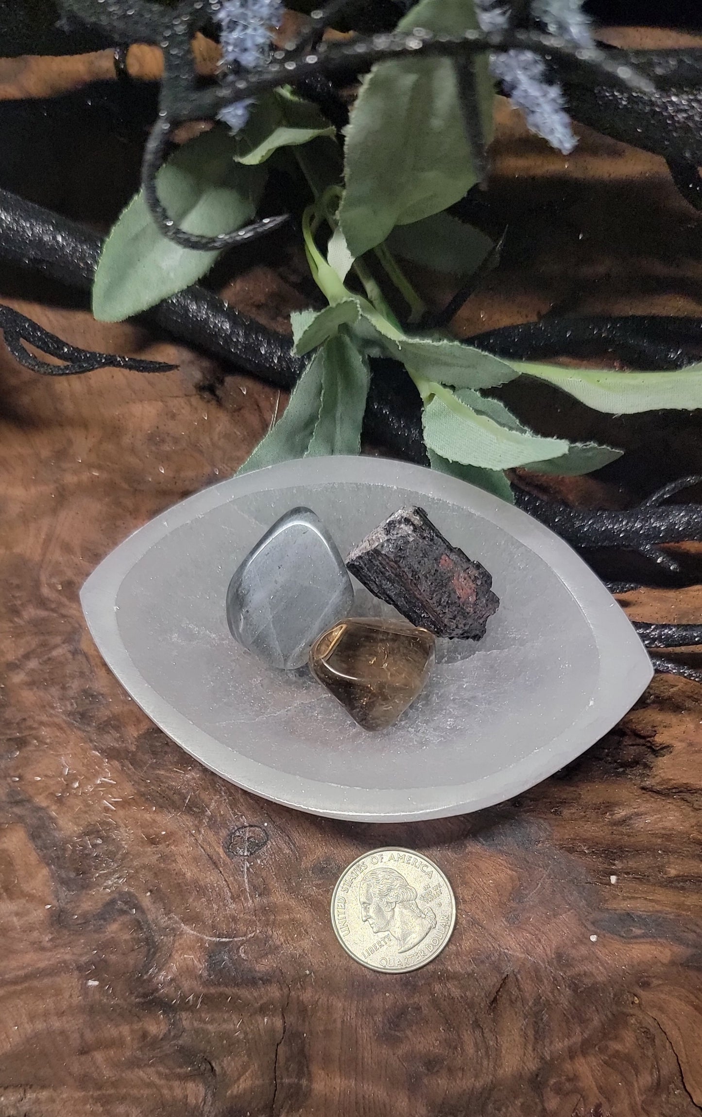 Selenite Evil Eye Bowl with Smoky Quartz, Tourmaline & Labradorite - Protection Crystal Set