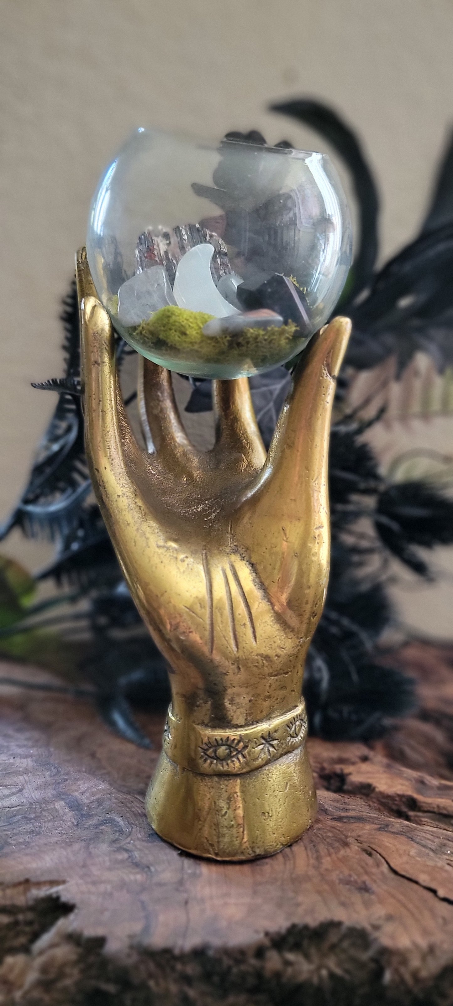 Mystic Hand Crystal Terrarium – Witchy Decor with Crystals, Moss & Intention Energy