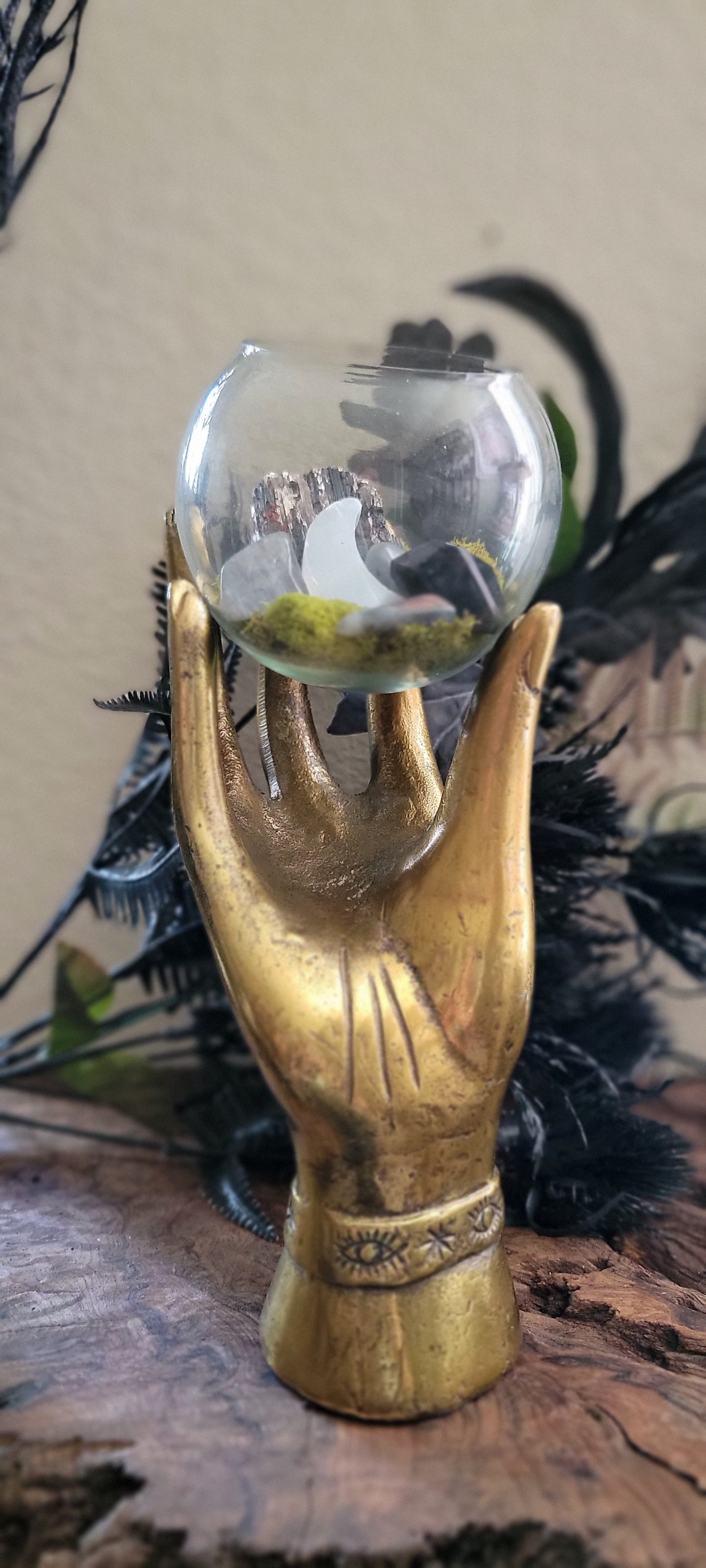 Mystic Hand Crystal Terrarium – Witchy Decor with Crystals, Moss & Intention Energy