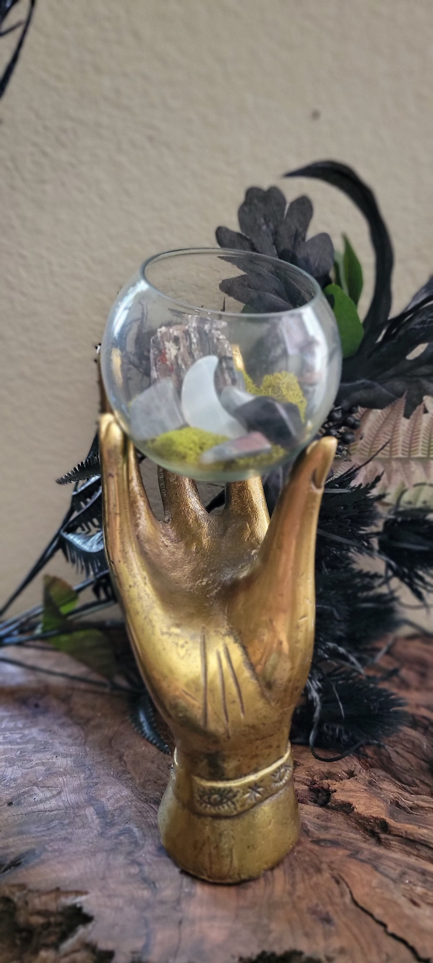 Mystic Hand Crystal Terrarium – Witchy Decor with Crystals, Moss & Intention Energy