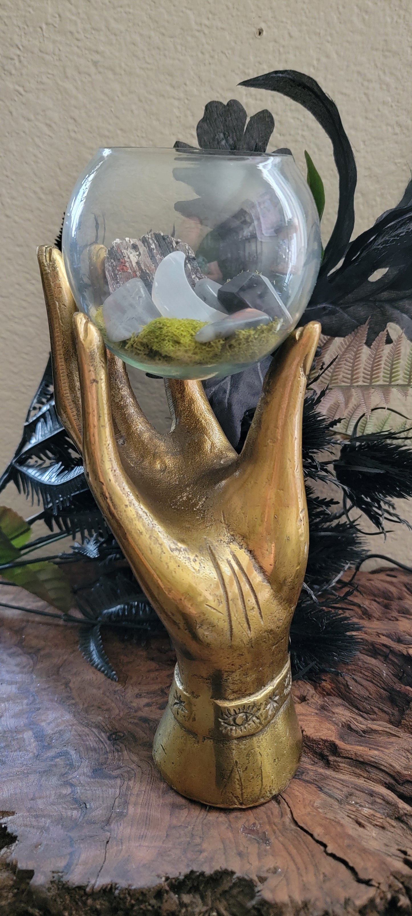 Mystic Hand Crystal Terrarium – Witchy Decor with Crystals, Moss & Intention Energy