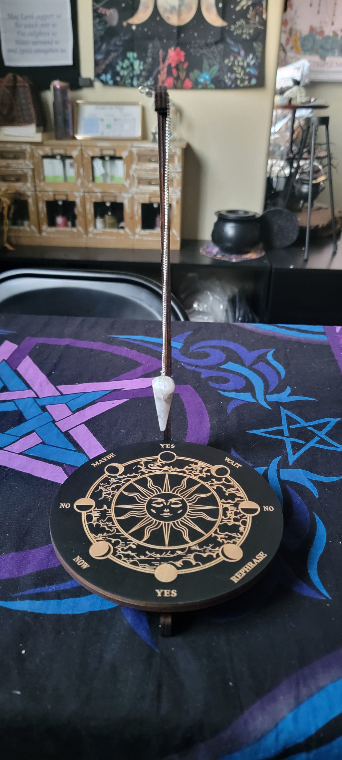 Sun & Lunar Phase Wooden Pendulum Stand – Witchy Divination Display