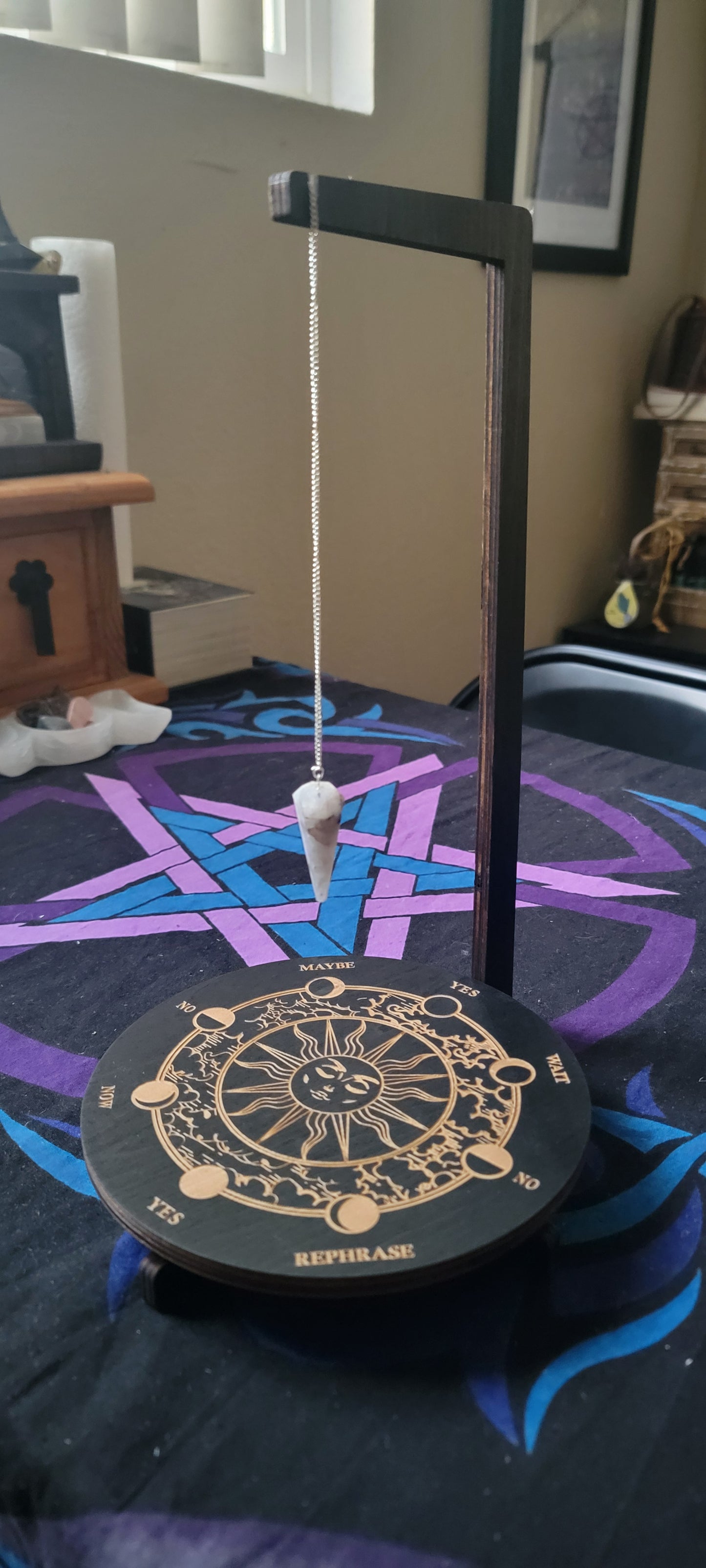 Sun & Lunar Phase Wooden Pendulum Stand – Witchy Divination Display