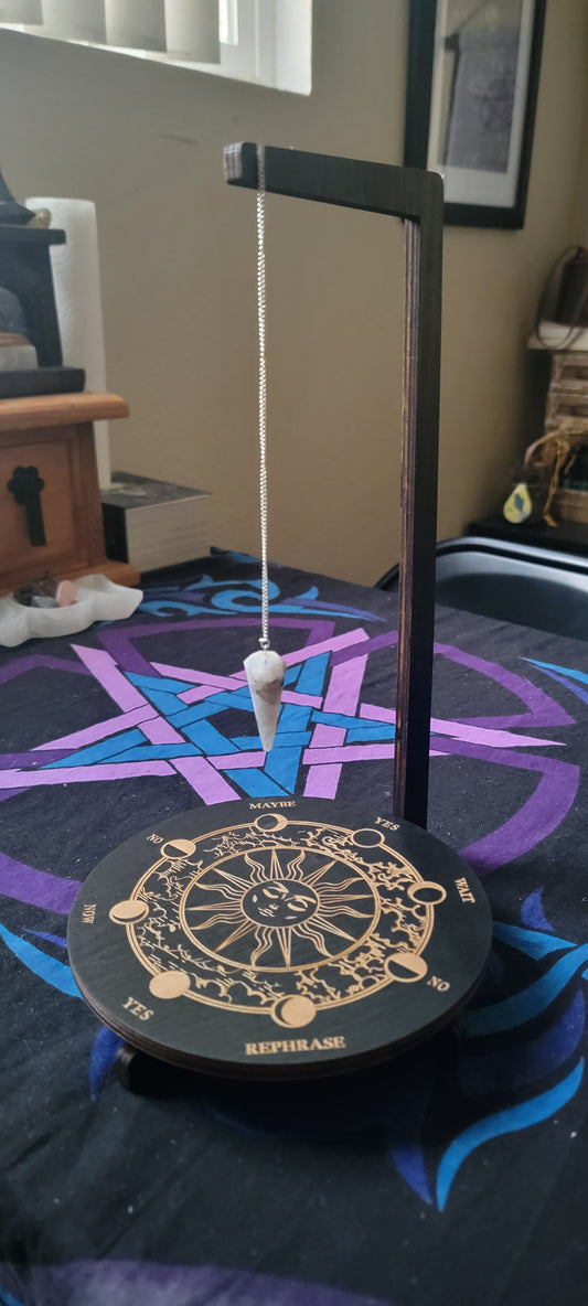Sun & Lunar Phase Wooden Pendulum Stand – Witchy Divination Display