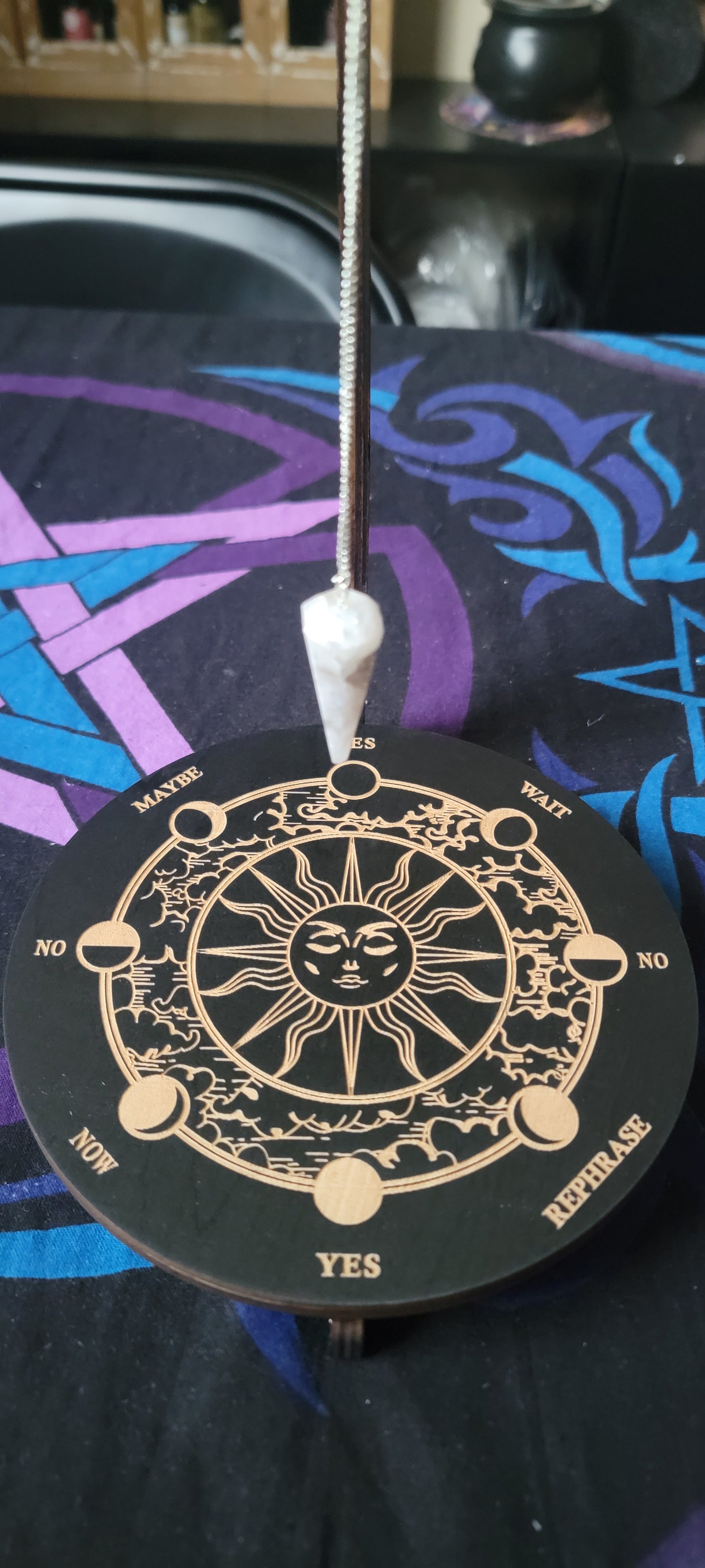 Sun & Lunar Phase Wooden Pendulum Stand – Witchy Divination Display