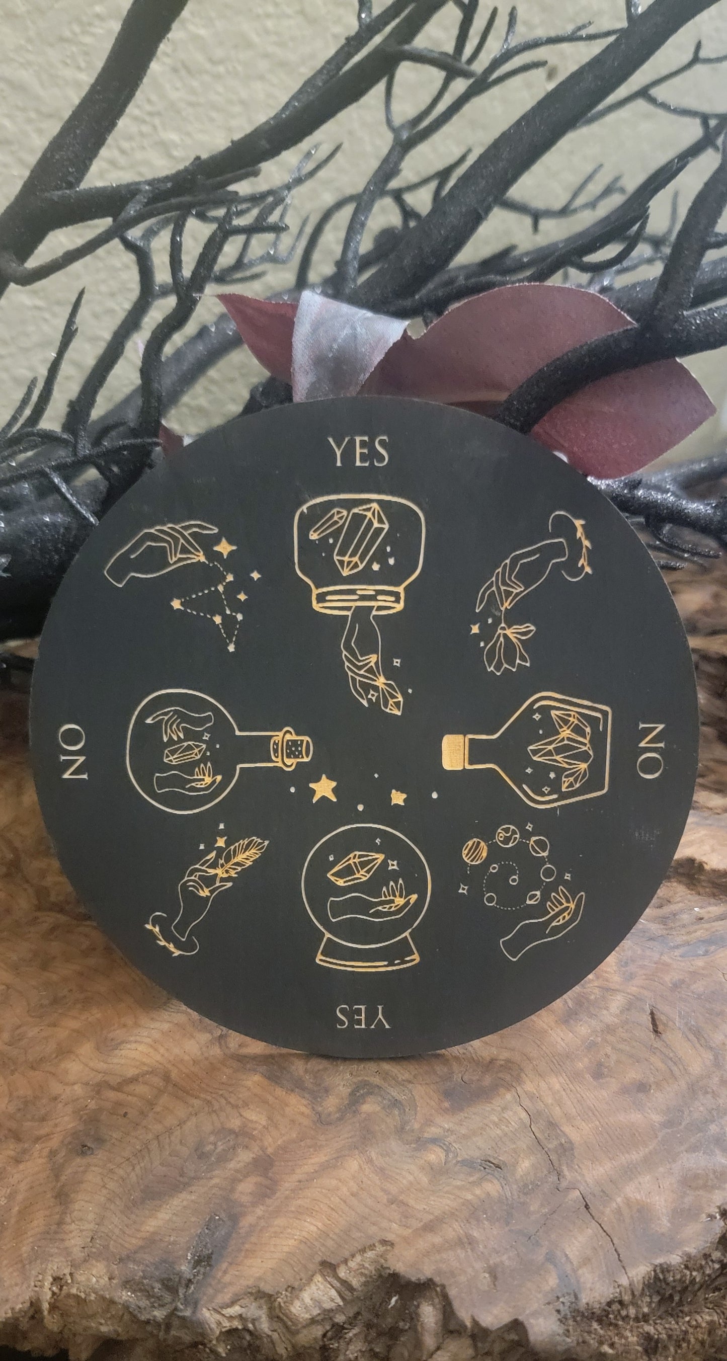 Spell Bottle Pendulum Board – Black Wooden Witch Divination Tool