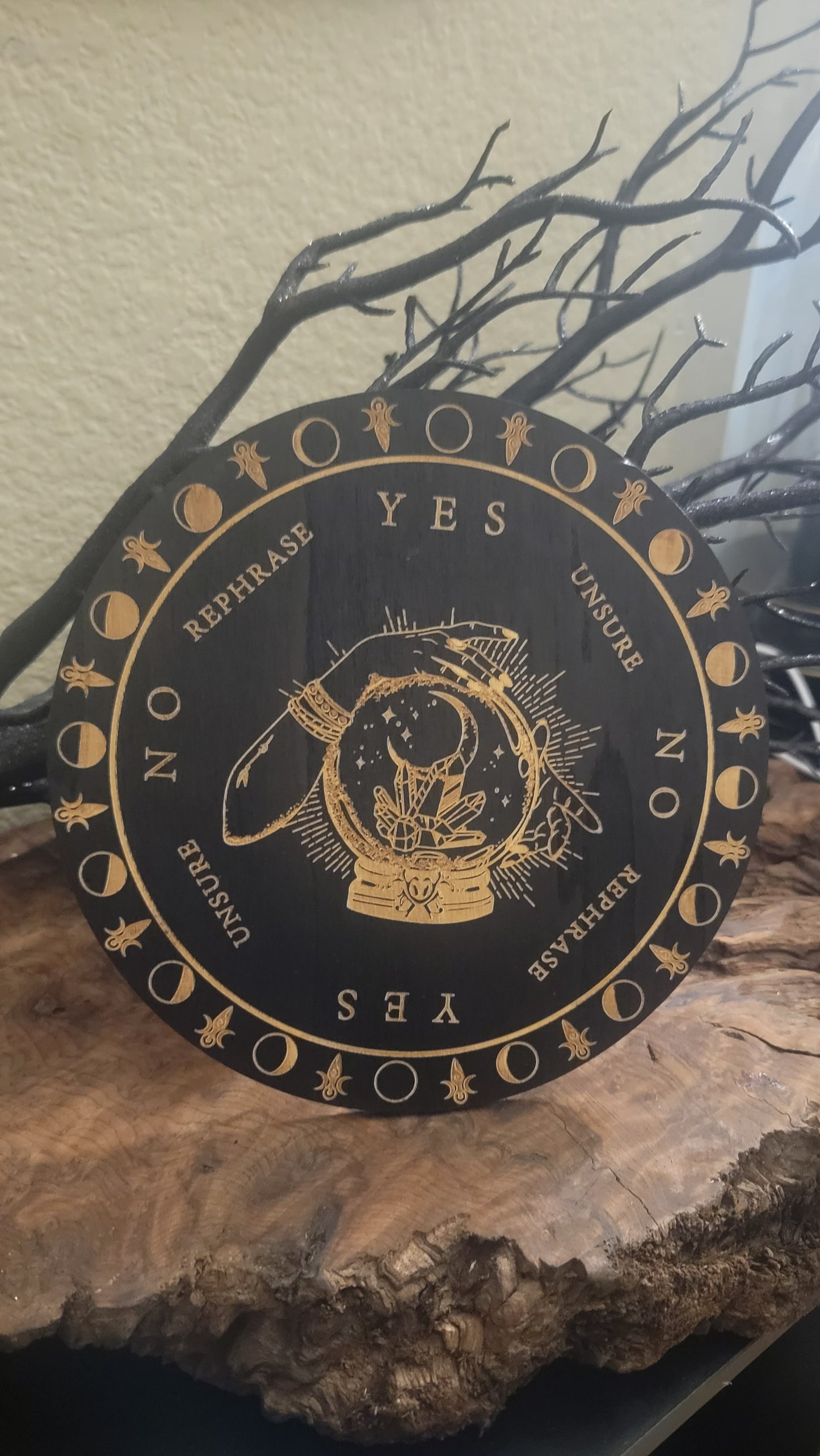 Black Wooden Witch Pendulum Board – Crystal Ball Design Divination Tool