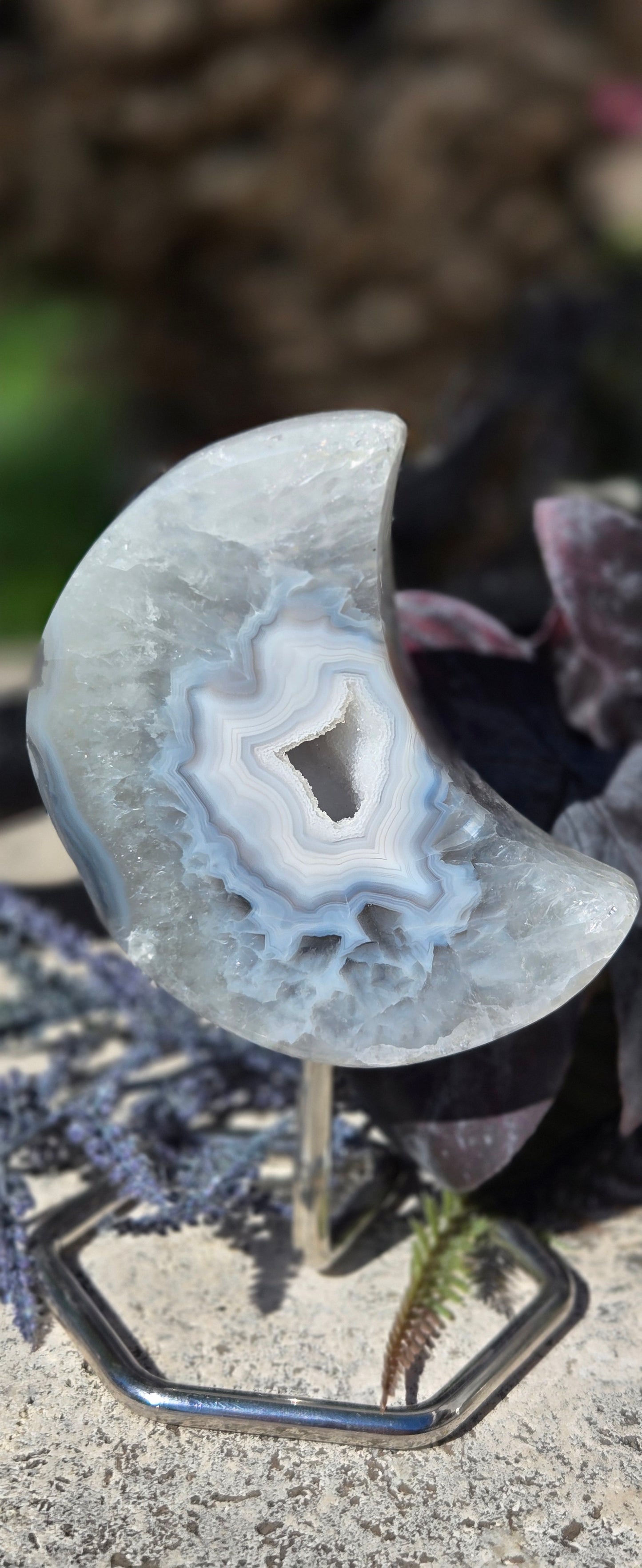 Druzy Agate Crescent Moon on Stand – Grounding Crystal Decor