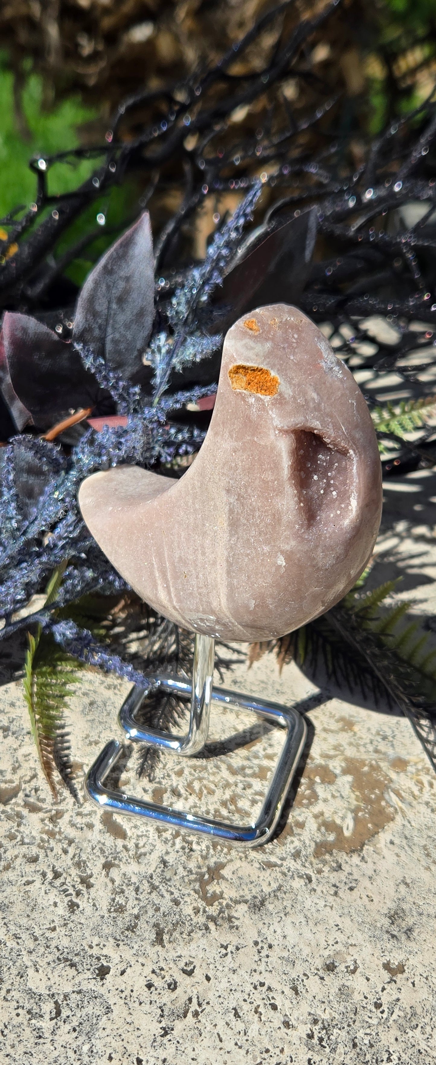 Brazilian Pink Amethyst Crescent Moon, Druzy Pink Amethyst Moon on Stand