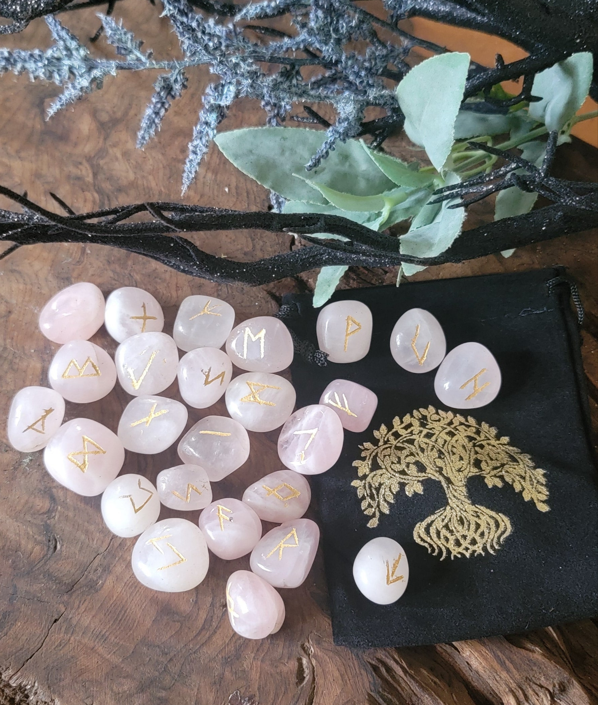Rose quartz brooms with golden symbols and the block velveteen bag with a golden tree of life design