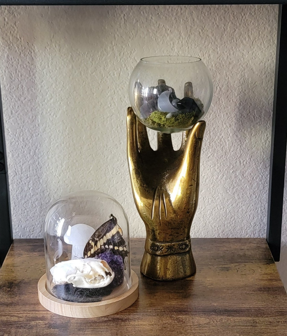Mystic Hand Crystal Terrarium – Witchy Decor with Crystals, Moss & Intention Energy