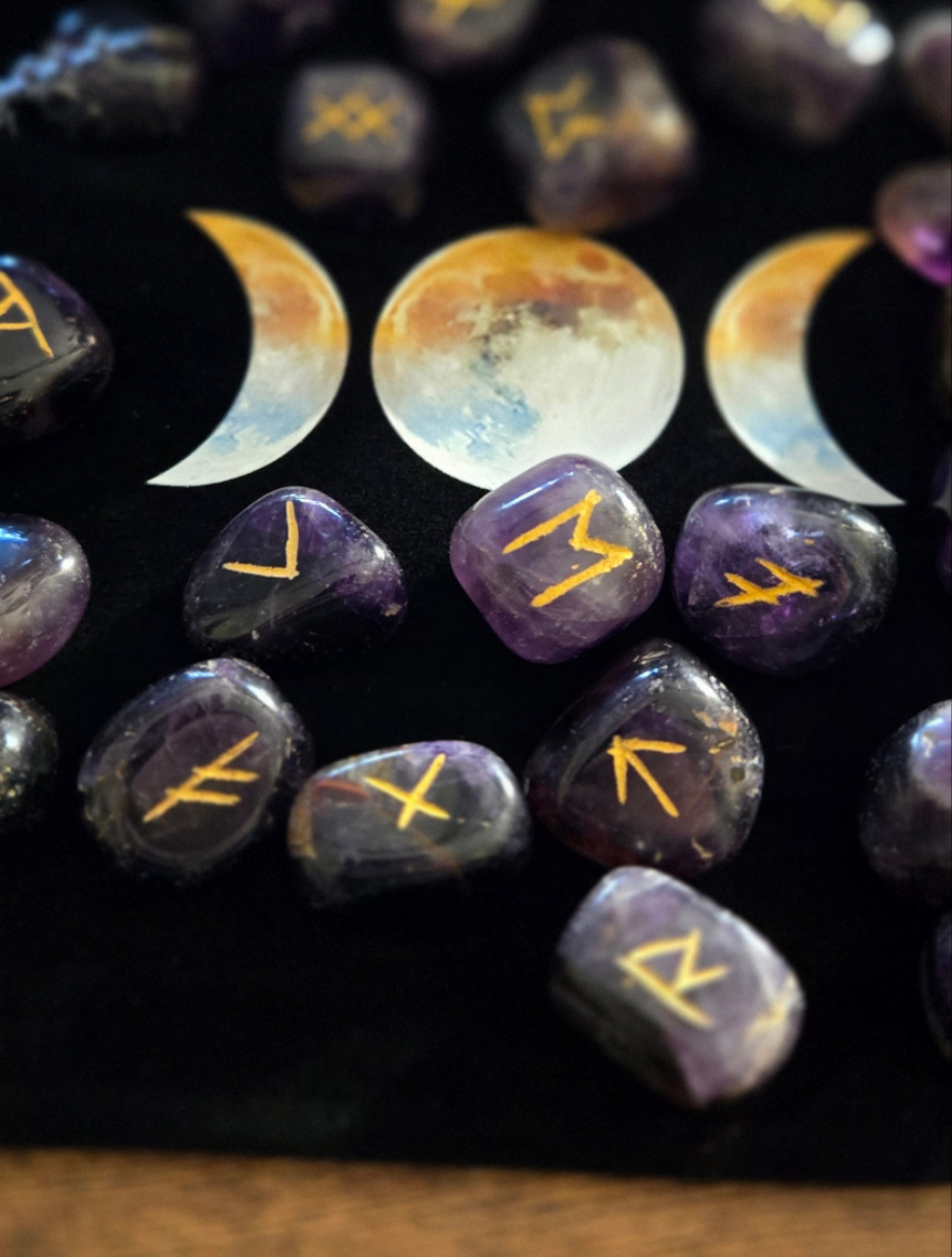 Beautiful Amethyst Crystal Rune Set with Triple Moon bag. Perfect for divination, witchcraft, and spiritual guidance.
