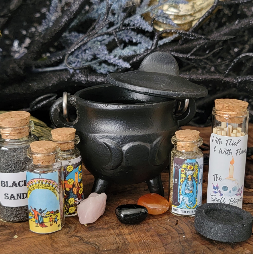 Cast Iron Cauldron Baby Witch Kit – 3" Potbelly Cast Iron Cauldron Starter Spell Kit for Beginners