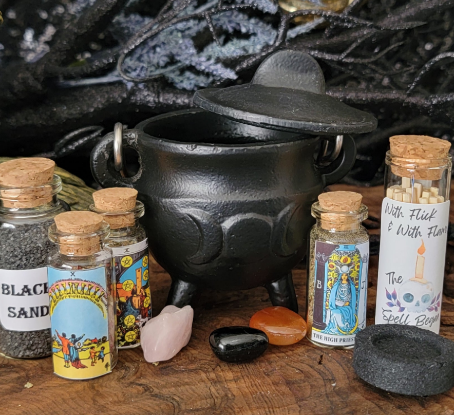 Cast Iron Cauldron Baby Witch Kit – 3" Potbelly Cast Iron Cauldron Starter Spell Kit for Beginners