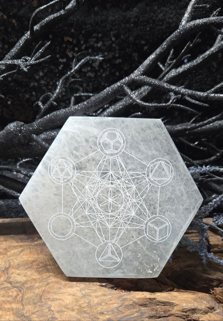 Selenite Sacred Geometry Crystal Grid – 5 Platonic Solid Symbols Grid Plate for Energy Alignment & Manifestation