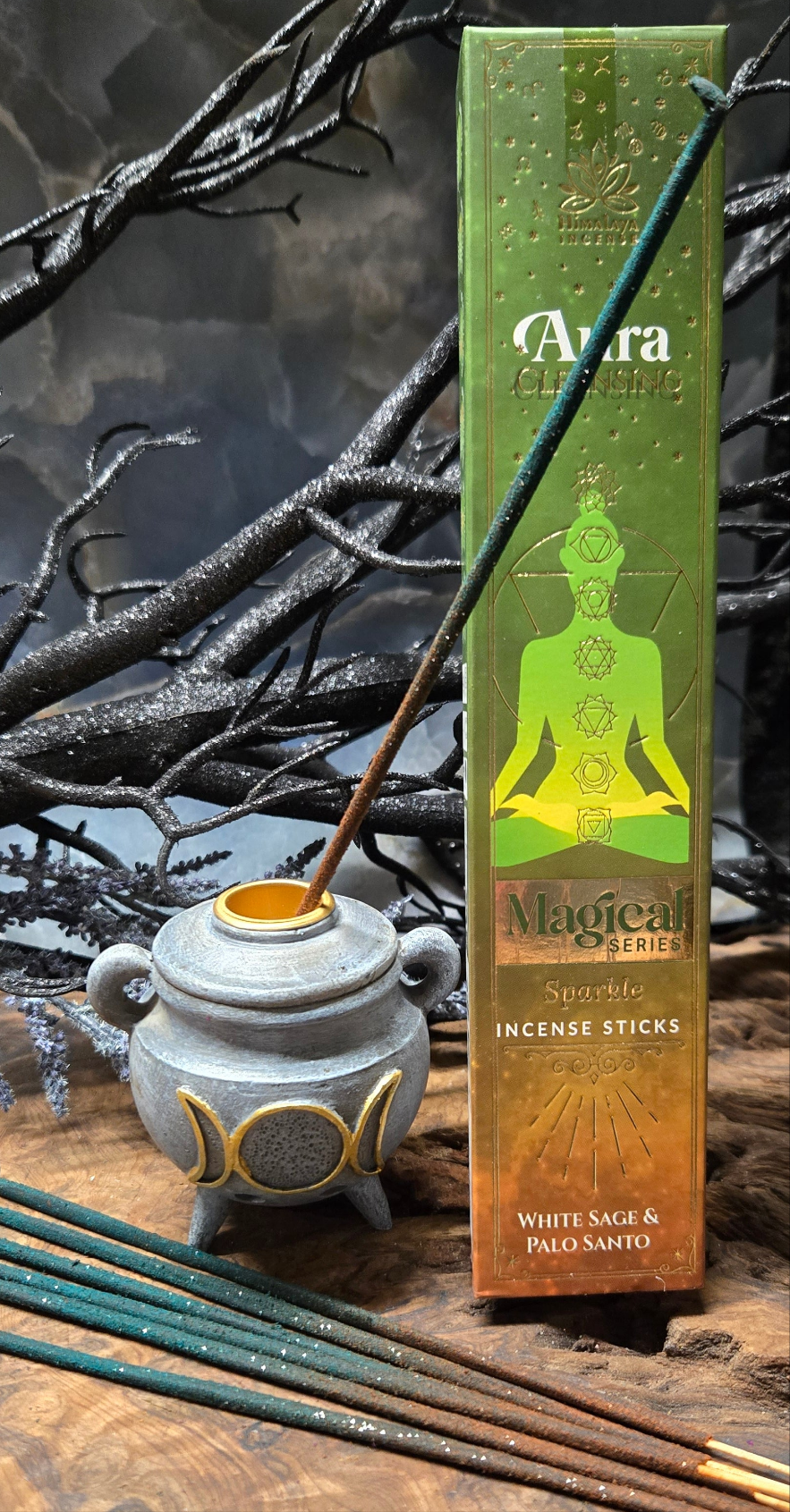 Aura Cleansing Incense Sticks – White Sage & Palo Santo | Green & Brown with Golden Glitter | Energy Clearing & Protection