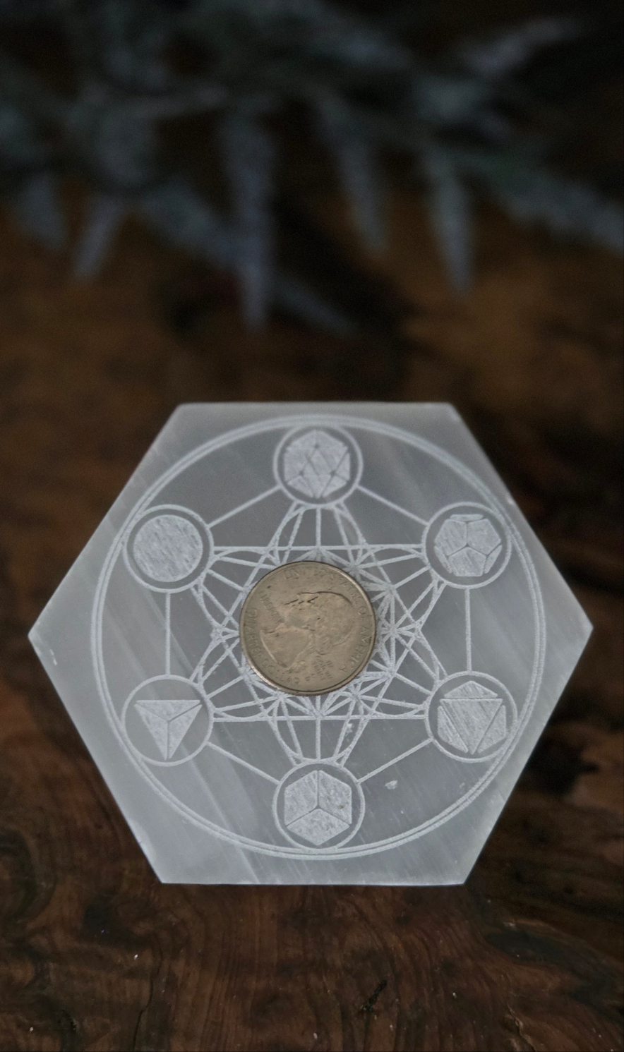 Selenite Metatron Crystal Grid Plate – Engraved with 5 Platonic Solids in a Circle| Sacred Geometry Energy Grid | Meditation & Manifestation Tool