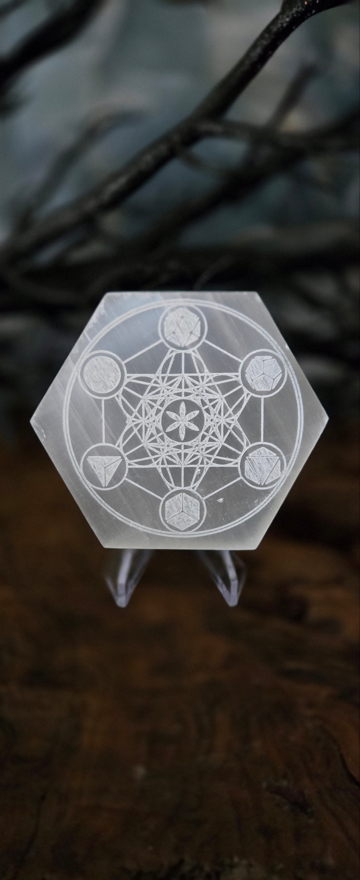 Selenite Metatron Crystal Grid Plate – Engraved with 5 Platonic Solids in a Circle| Sacred Geometry Energy Grid | Meditation & Manifestation Tool