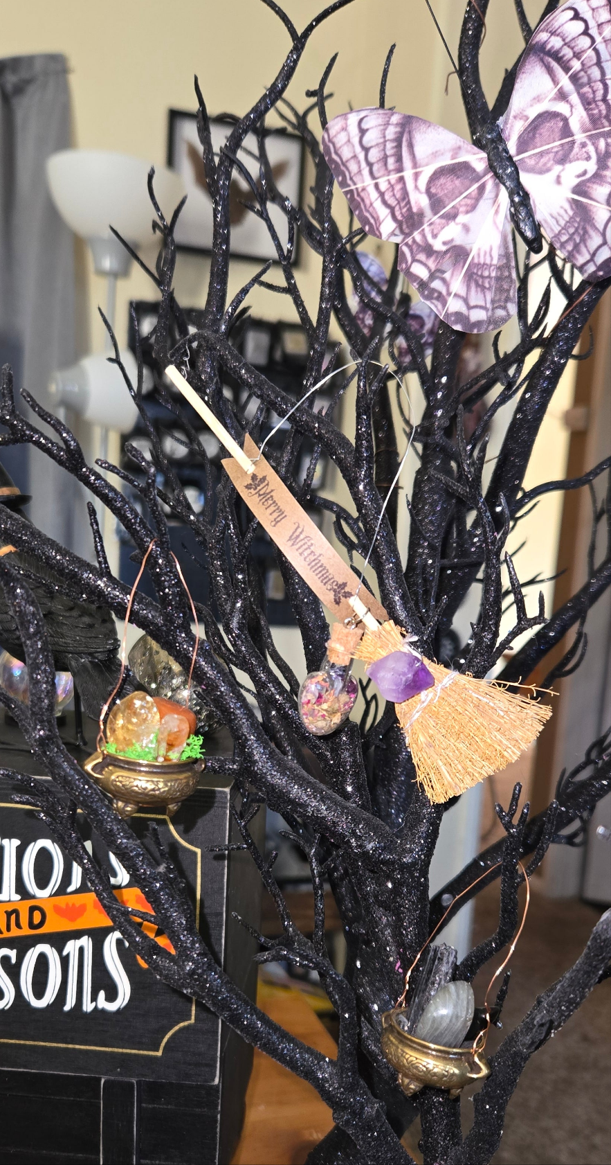 Witch’s Broom Merry Witchmas ornament with love spell and crystals – witchy Yule holiday décor