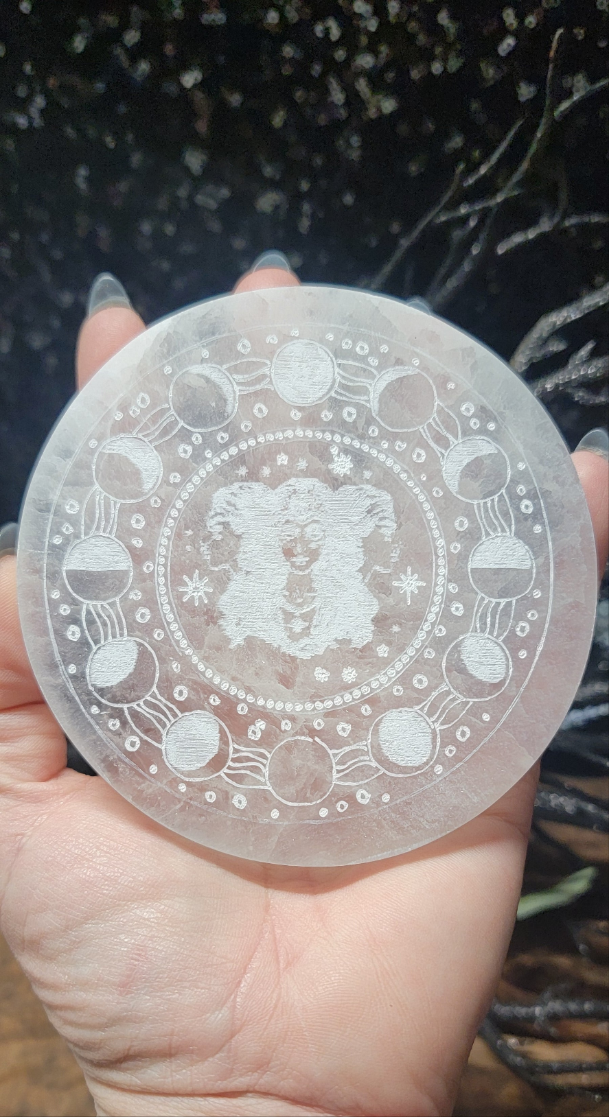 Selenite Triple Moon Goddess Plate – Crystal Charging & Altar Tool