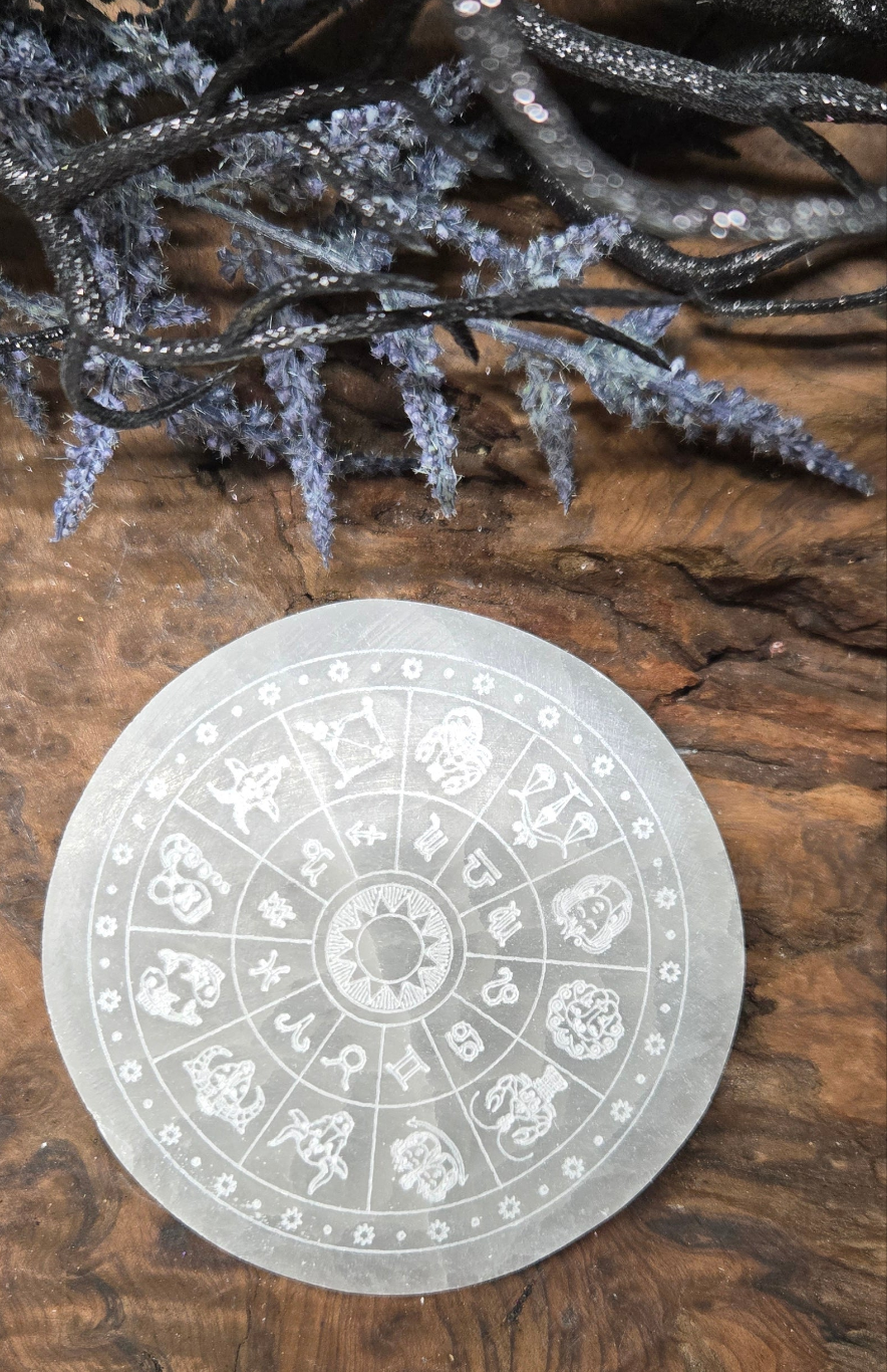 Selenite Astrology and Zodiac Charging plate - Crystal Energy Cleanse for Zodiac Signs