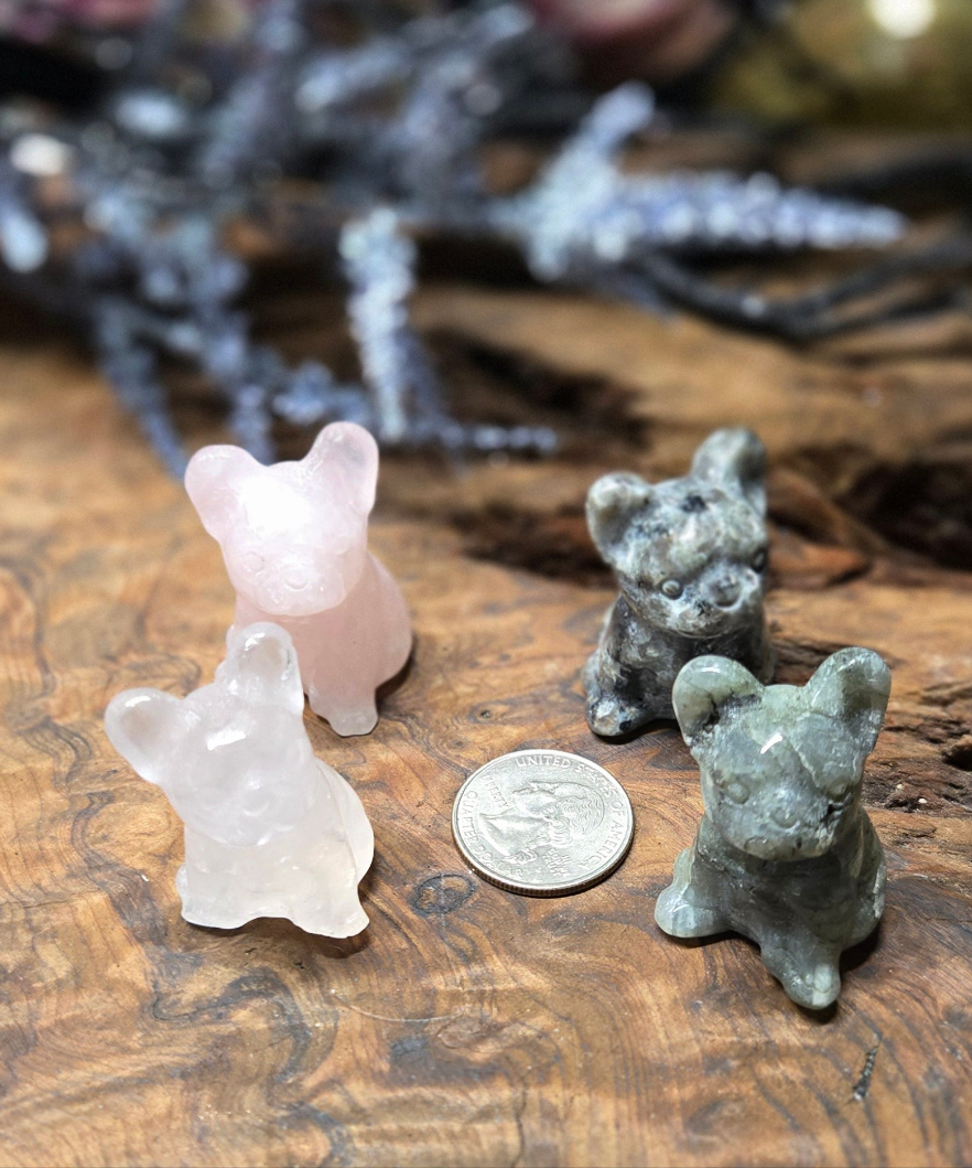 Crystal French Bulldog Figurine – Carved Gemstone Frenchie Dog Statue for Home Decor, Gifts & Altars