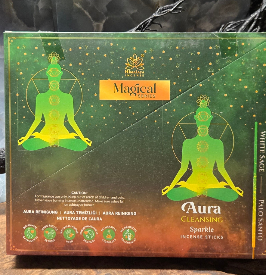 Aura Cleansing Incense Sticks – White Sage & Palo Santo | Green & Brown with Golden Glitter | Energy Clearing & Protection