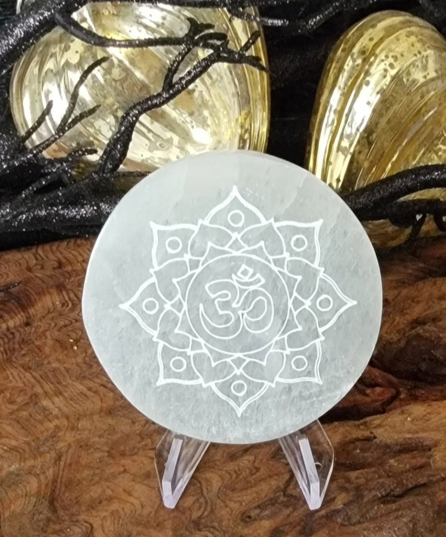 Selenite Lotus Flower Om Charging Plate - Crystal Charging & Energy Healing Disk