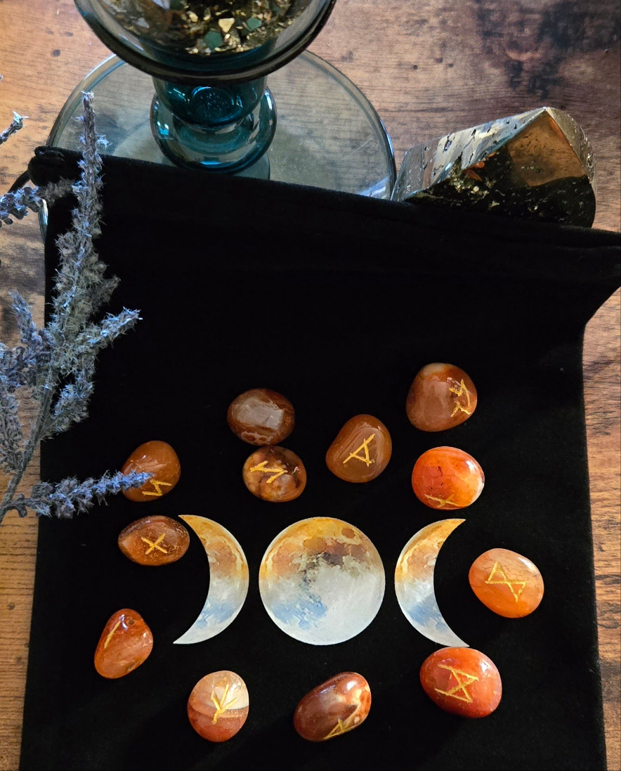 Carnelian rune set for strength, clarity, and divination. carved stones for spiritual guidance, witchcraft, and confidence in readings.
