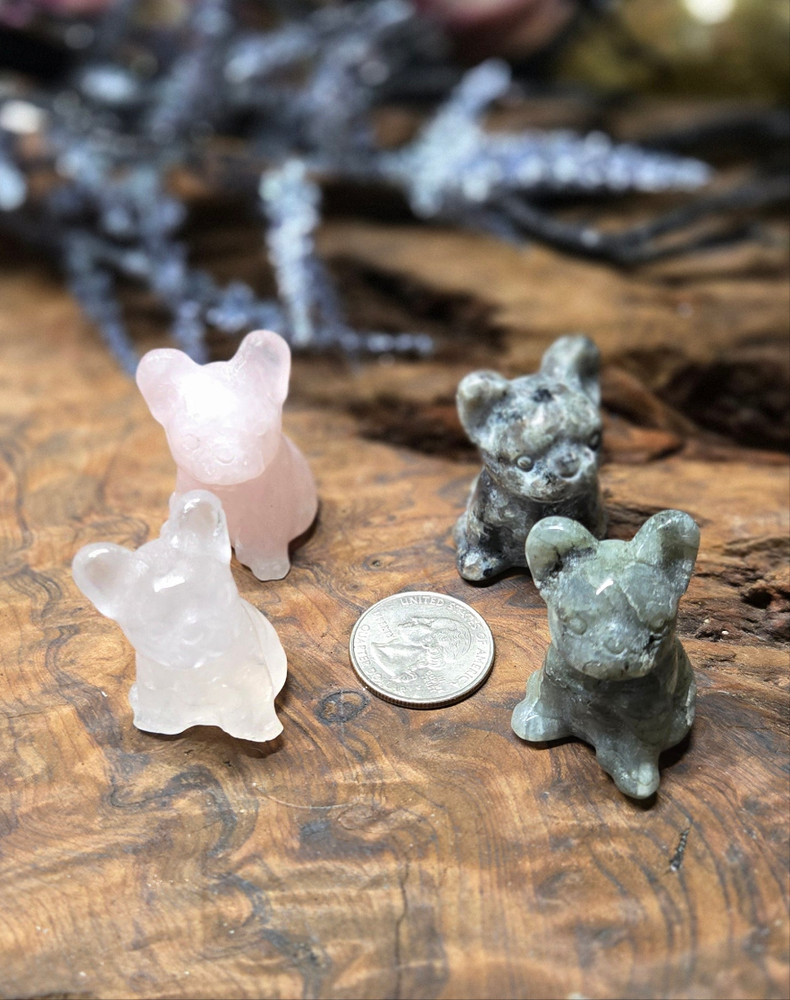 Crystal French Bulldog Figurine – Carved Gemstone Frenchie Dog Statue for Home Decor, Gifts & Altars