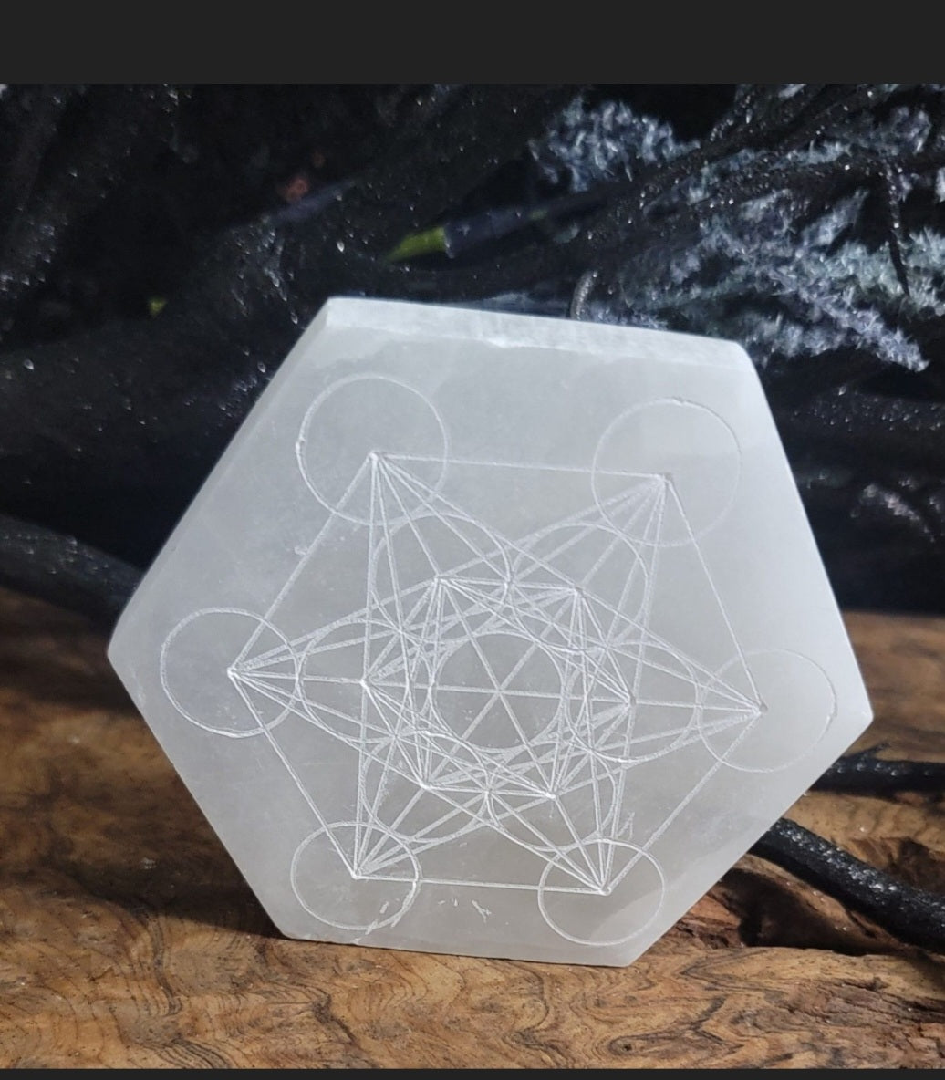 Selenite Sacred Geometry Hexagon Crystal Grid-Energy Charging & Spiritual Alignment Plate