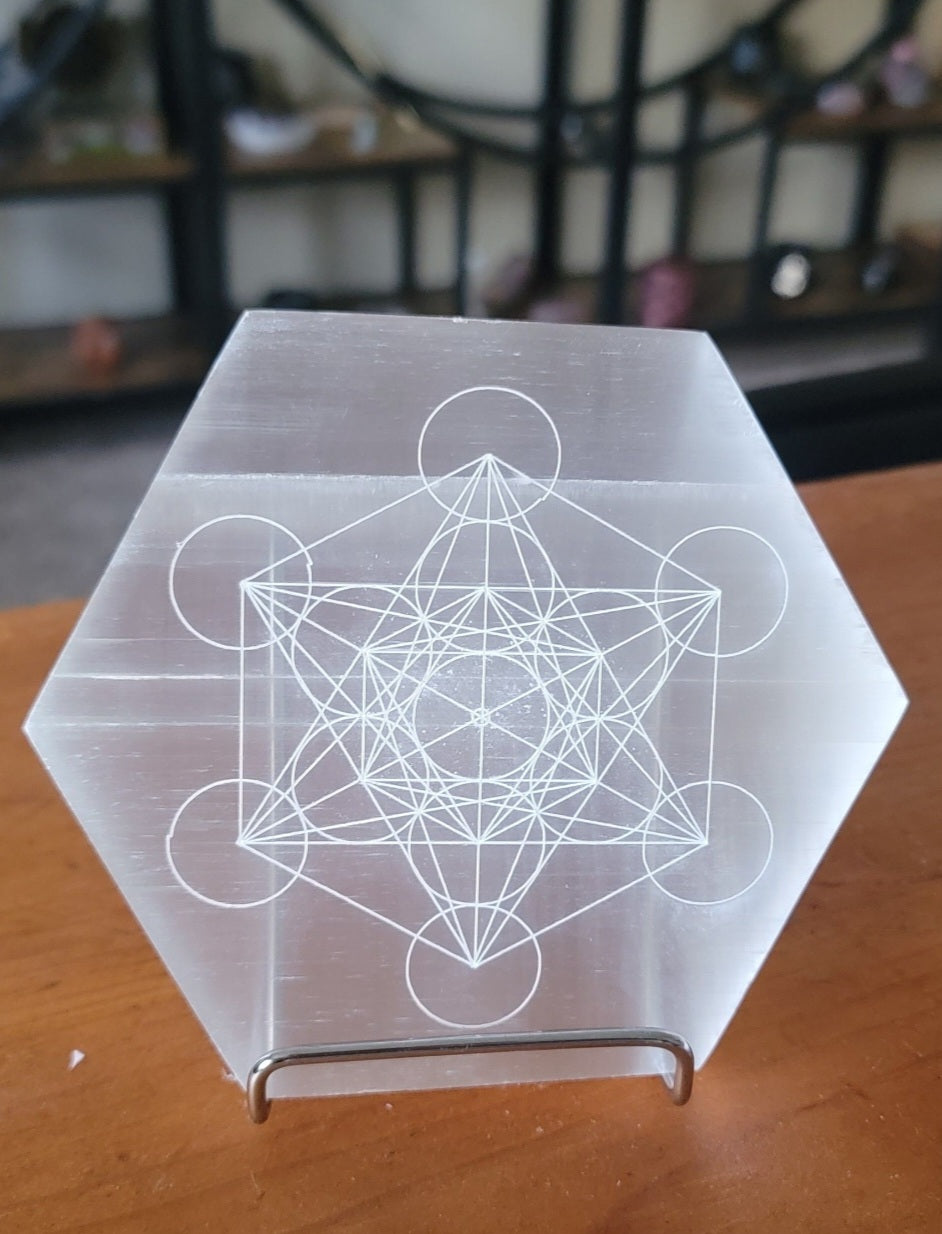 Selenite Sacred Geometry Hexagon Crystal Grid-Energy Charging & Spiritual Alignment Plate