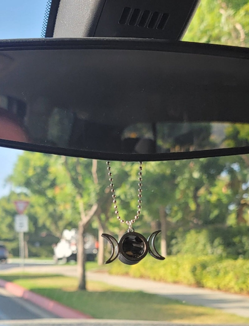 Triple Moon Travel Protection Charm for Rear View Mirror – Spelled Car Amulet with Crystals & Herbs